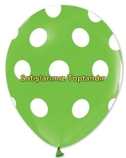 Yeil zemine beyaz Puantiyeli baskl 12 inc balon